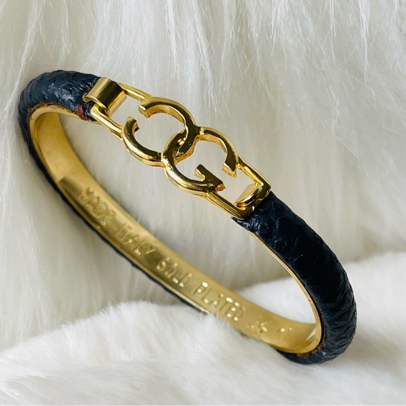 CASINI & GORI |Vintage Black Leather 24k Gold Plated Bangle 16cm | Made In Italy - Picture 3 of 9
